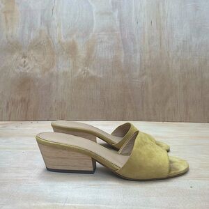 yellow suede slides with 2inch light wood wedge heel - great condition